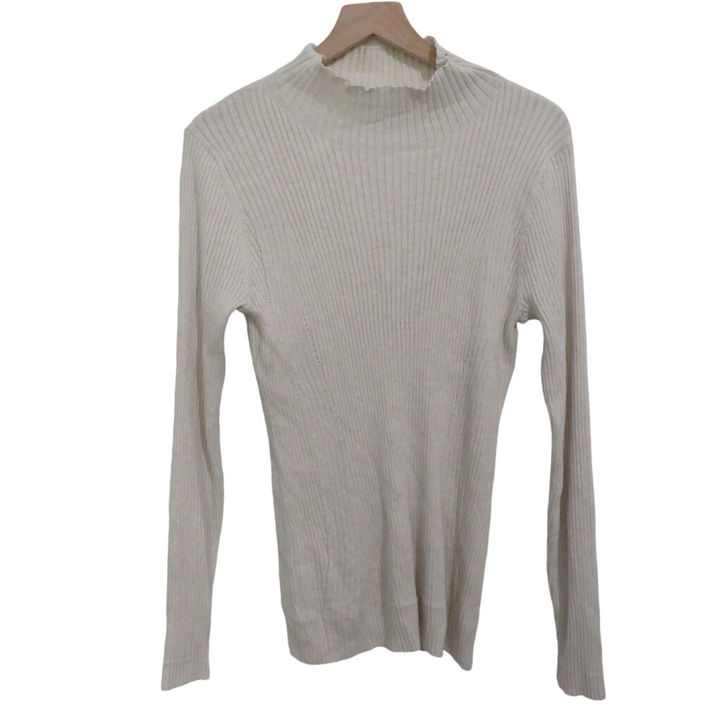Athleta Womens Sz L Cream Ribbed Turtleneck Sweater Long Sleeve Lettuce Hem Cozy